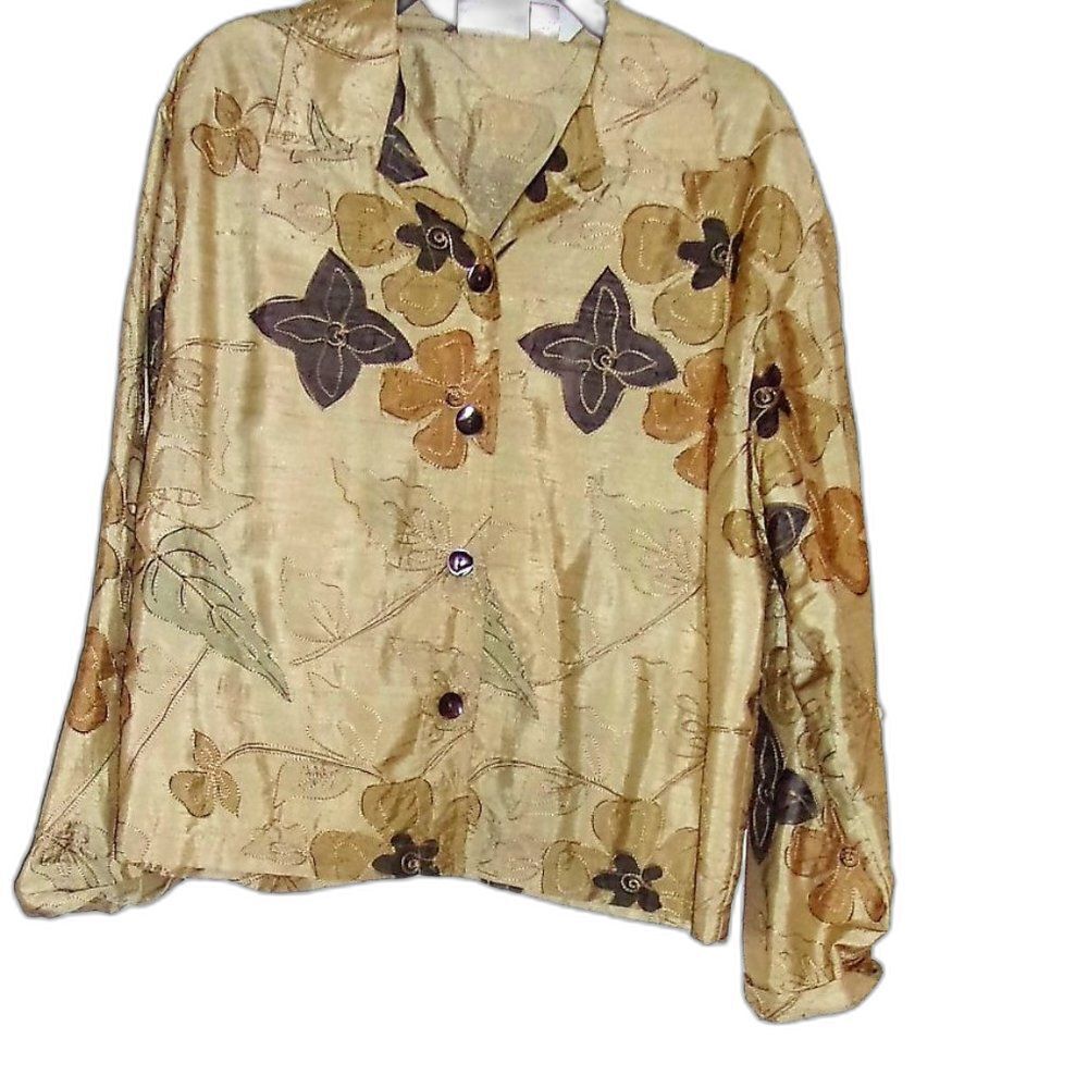 Chico's Silk Top Short Jacket Size 2 L Brown Tan Floral Stitching